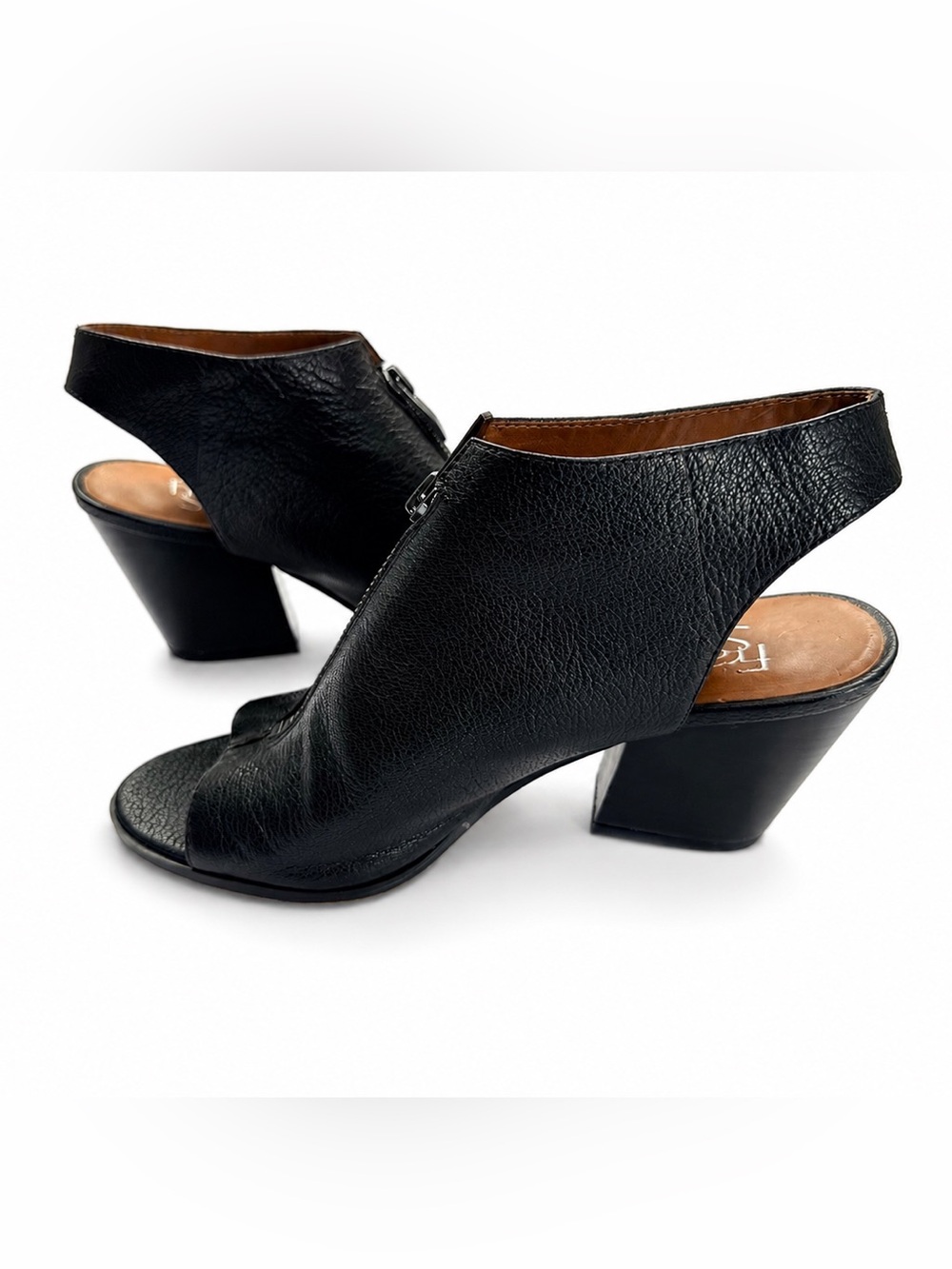 Franco Sarto Fayette Black Leather Peep Toe Zip Slingback Block Heels 7M